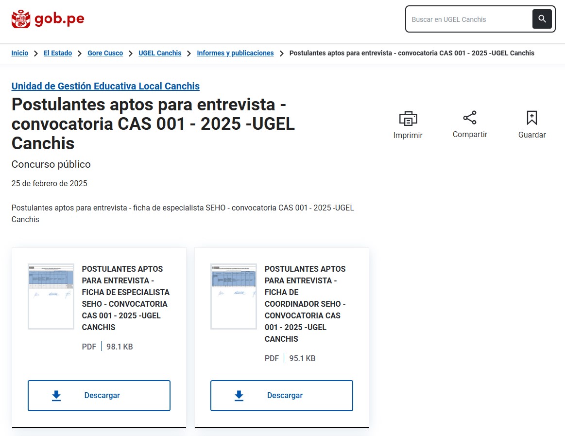 Postulantes aptos para entrevista - convocatoria CAS 001 - 2025 -UGEL Canchis